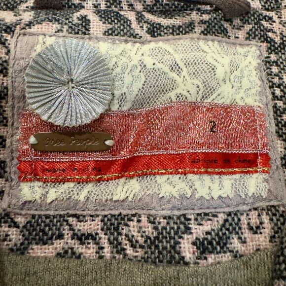 Free People Jacket Coat Sz 2 Gray Pink Jacquard Tapestry Paisley damask Piping - Picture 3 of 11